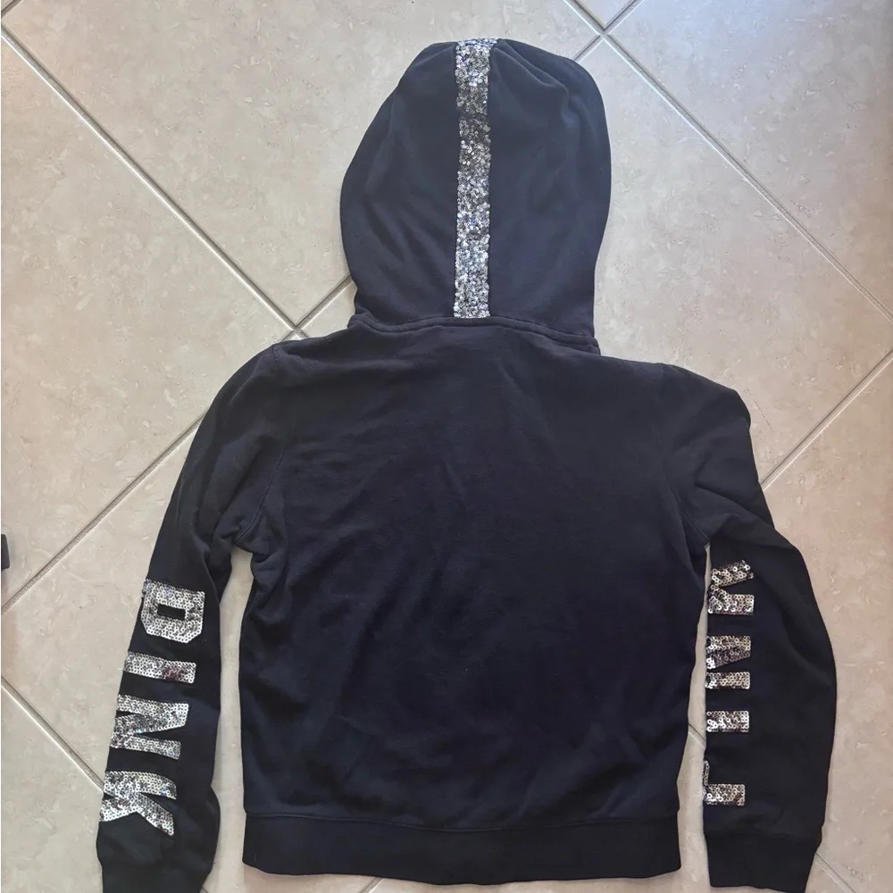 Victoria's Secret PINK Vintage Black Hoodie with Sequin Logo Trim Lounge Size M - Picture 5 of 6